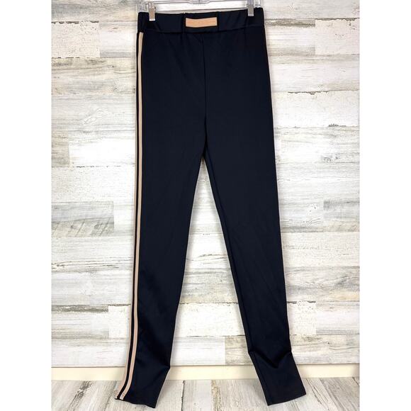 Akira Women’s L Paxton Black Luxe Leggings Tan Racer Stripe Silky Exercise Pant - Picture 1 of 4